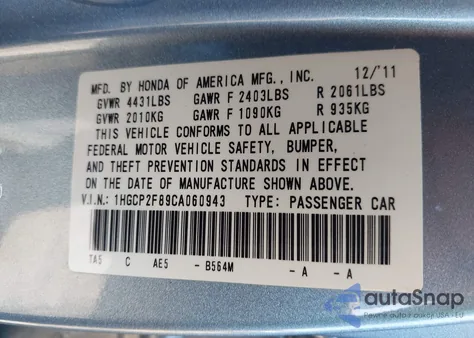 2012 Honda Accord Sdn 2.4 Ex-L/Ex-L z USA, uszkodzony, nr VIN 1HGCP2F89CA060943